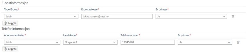 Bildet viser felt for e-post og telefoninformasjon.