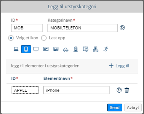 Skjermbilde: Legg til utstyrskategori