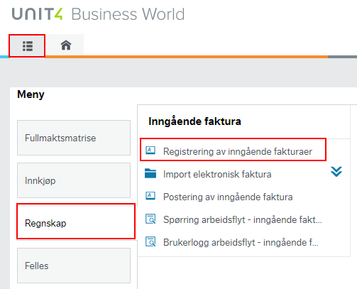Bildet viser hvor du finner skjermbildet "Registrering av inngående faktura" under menypunktet Regnskap