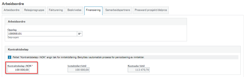 Bildet viser feltet Kontraktsbeløp under arkfanen Finansiering