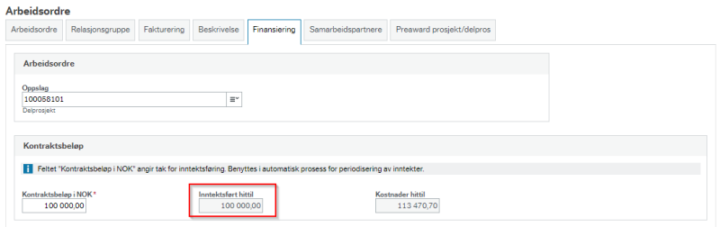 Bildet viser feltet Inntektsført hittil under arkfanen Finansiering