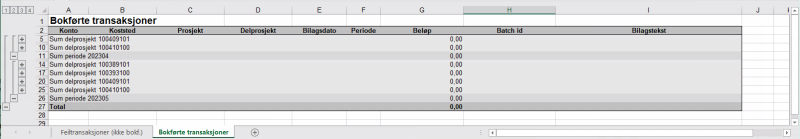 Bildet viser arkfanen Bokførte transaksjoner