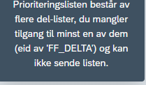 Bildet viser: Prioriteringslisten består av flere del-lister, du mangler tilgang til minst en av dem (eid av ‘FF-…..’) og kan ikke sende listen