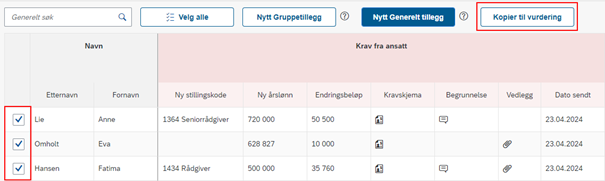 Bildet viser hvordan du kan hake av for de ansatte du ønsker å kopiere, og trykk på Kopier til vurdering.