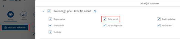 Bildet viser hvordan kolonnen Dato sendt, kan legges til via Vis- eller Skjul kolonner.