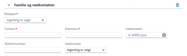 Skjermbilde av felt tilgjengelig under "Familie og Nødkontakter".