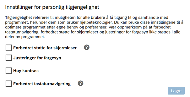 Skjermbilde av tilgjengelige innstillinger for personlig tilgjengelighet.