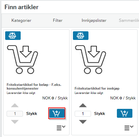 Valgt artikkel legges til ved å trykke på markert felt av handlevogn ned til høyre i bildet