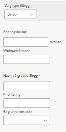 Bildet viser hvordan en i gruppetillegg med beløp kan man registrere endringsbeløp, minimum årslønn, eller kombinere disse.