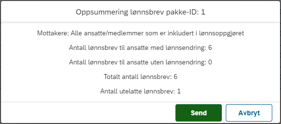 Bildet viser oppsummering for lønnsbrevpakke 