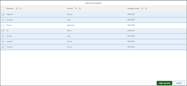 Bildet viser hvordan man kontrollerer mottakere og trykker på «Lagre og send» i funksjonaliteten for å genereres lønnsbrev.
