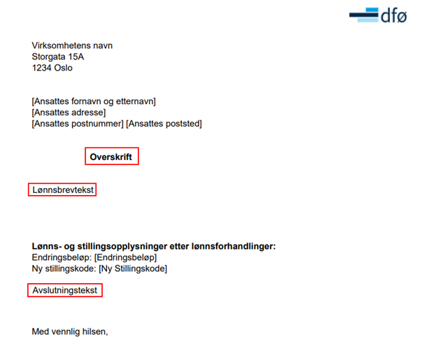 Bildet viser Overskrift, lønnsbrevtekst og avslutningstekst, i lønnsbrevmalen.