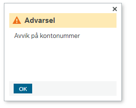 Viser varsling som kommer dersom kontonummer på faktura ikke stemmer overens med valgt leverandør. Teksten er: Avvik på kontonummer.