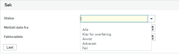 Viser alle statuser. Alle, klar for overføring, avvist, advarsel og feil