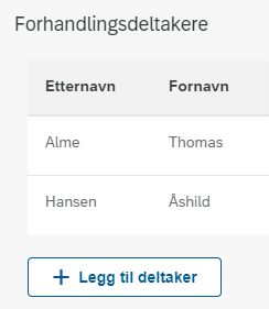 Bildet viser hvordan du trykker på «plusstegn Legg til deltaker» for å legge til en forhandlingsdeltaker.
