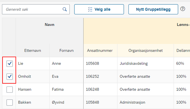 Bildet viser hvordan en kan velge ansatte ved å hake av i prioriteringslisten..