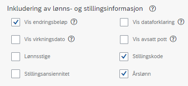 Bildet vise avhukingsvalgene hvor en kan velge hvilken informasjon som skal vises.