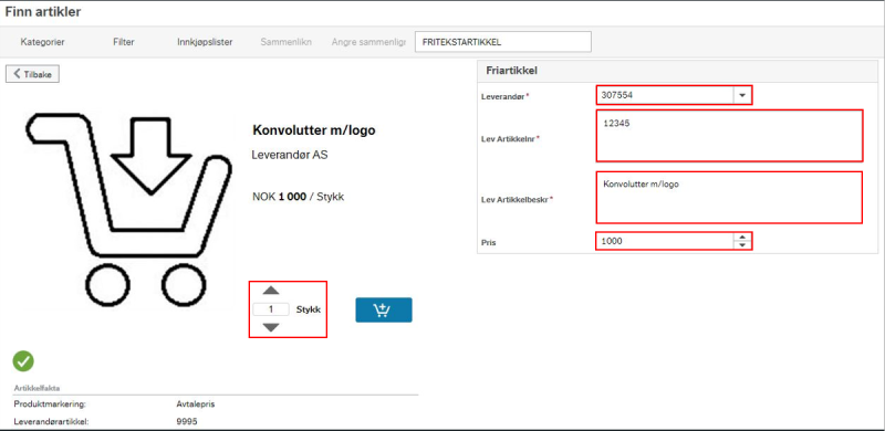 Feltene for leverandør, leverandørens artikkelnummer, beskrivelse og pris ligger til høyre i skjermbildet. 