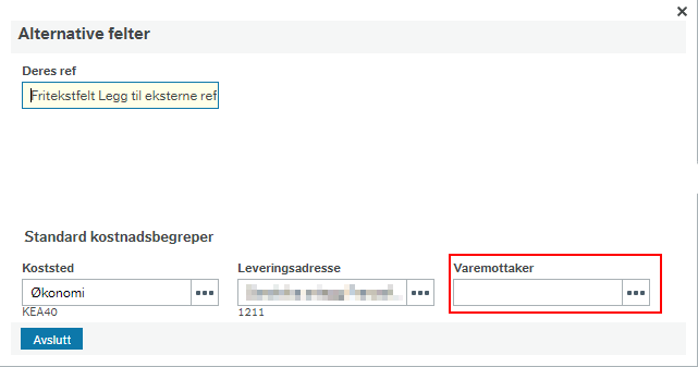 Feltet for å definere varemottaker finner du nederst til høyre i skjermbildet. 