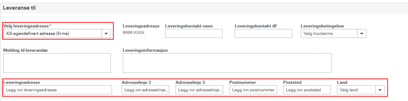 Feltene som må fylles ut for egendefinert leveringsadresse er adresse, postnummer, poststed og land. 