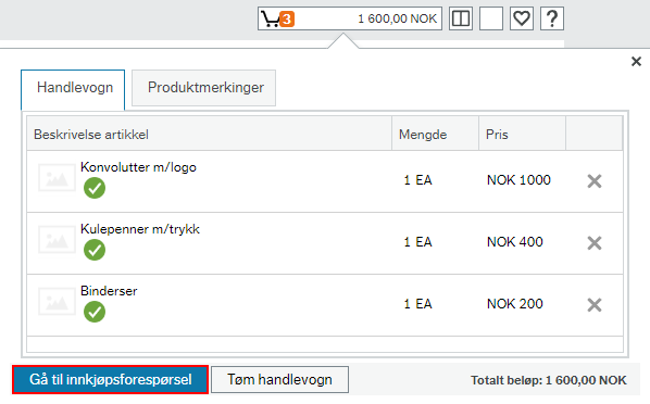 Knappen for å gå videre til innkjøpsforespørselen ligger nederst til venstre i skjermbildet. 