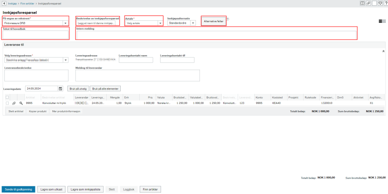 Øverst i skjermbildet ligger feltene for info på hodenivå i innkjøpsforespørselen. 