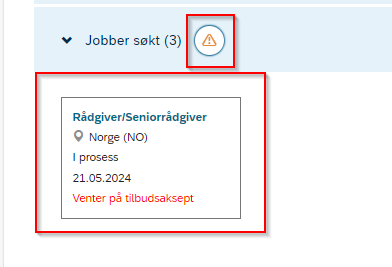 Bildet viser varsel som kommer på kandidatprofil når kandidat har et tilbud på kandidatprofil. 