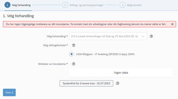 Bildet viser at det vises en feilmelding hvis du ikke har noen mottakere av ditt kravskjema.