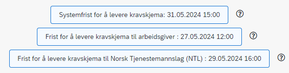 Bildet viser at fristene angir når kravskjemaet må være sendt til de ulike mottakerne. Etter systemfristen er det ikke lenger mulig å sende inn kravskjema.