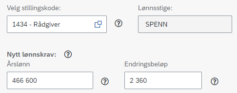 Bildet viser at hvis du endrer stillingskode kan det hende at feltene for lønn oppdateres automatisk.