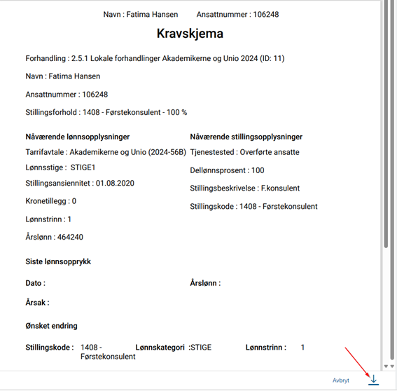 Bildet viser hvordan kravskjemaet åpnes i PDF-format. For å laste ned kravskjemaet trykker du på symbolet for nedlastning som du finner nederst til høyre i bildet.