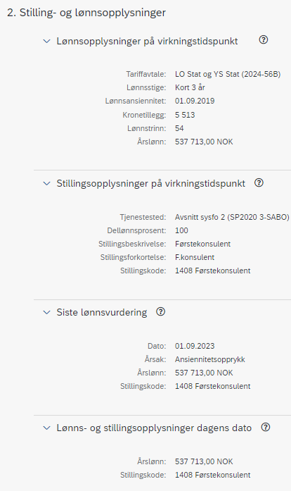 Bildet viser at du kan se lønns- og stillingsopplysninger samt siste lønnsvurdering.