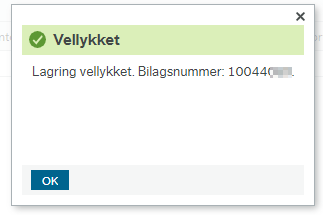 Pop-up viser at lagring var vellykket, med bilagsnummer