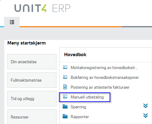 Menypunktet manuell betaling ligger som nummer fire under Hovedbok