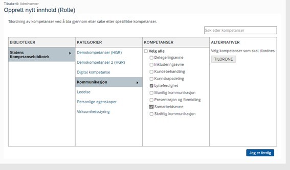 Velg kompetansekategori og huk av for kompetanser