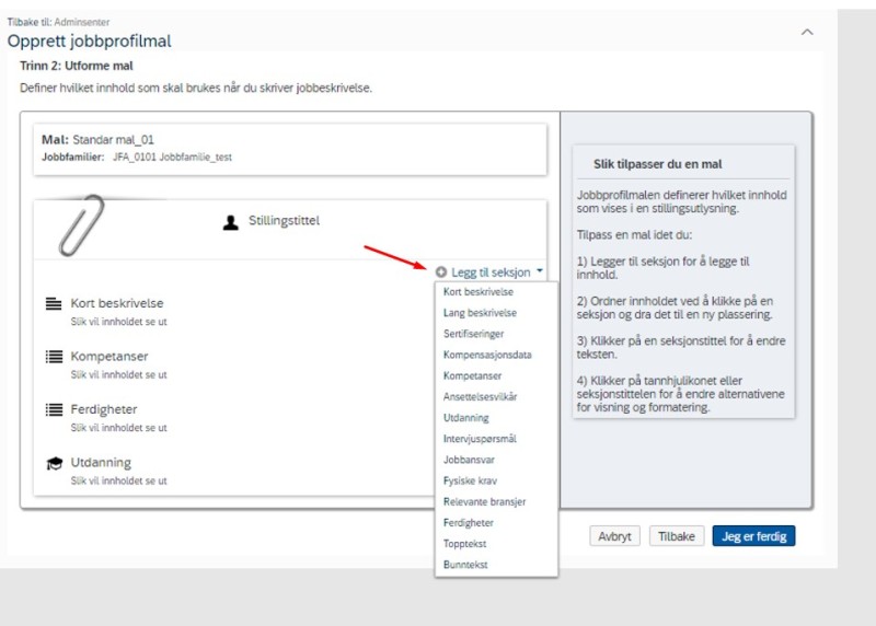 Legge til seksjoner i jobbprofilmale