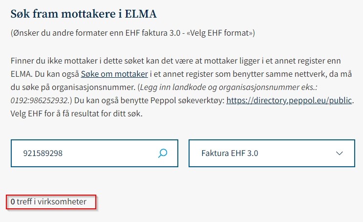 Eksempel på søk av norsk mottaker i ELMA-registeret