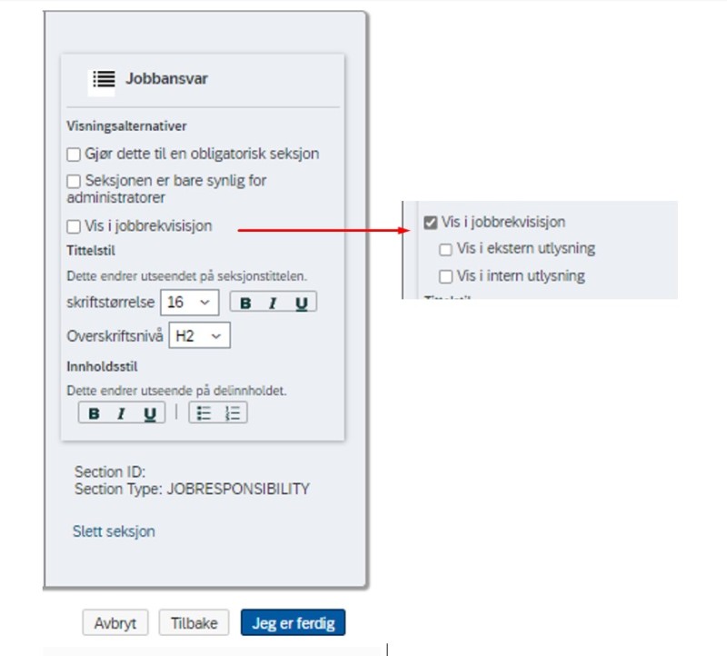 Legge til regler for seksjonene i jobbprofilmalen