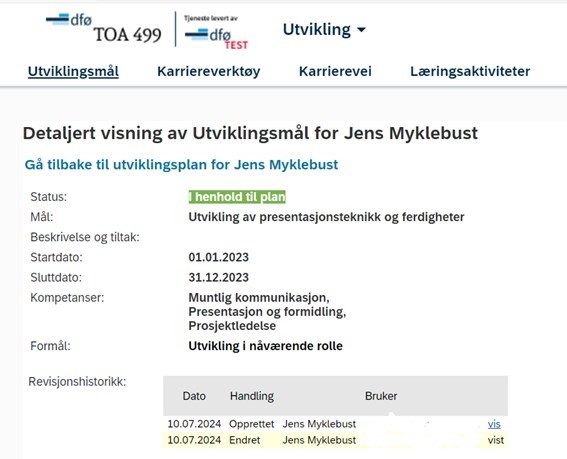 Skjermbilde av revisjonshistorikk utviklingsmål