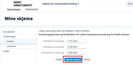 Skjermbilde opprett og åpne leders kompetansevurdering