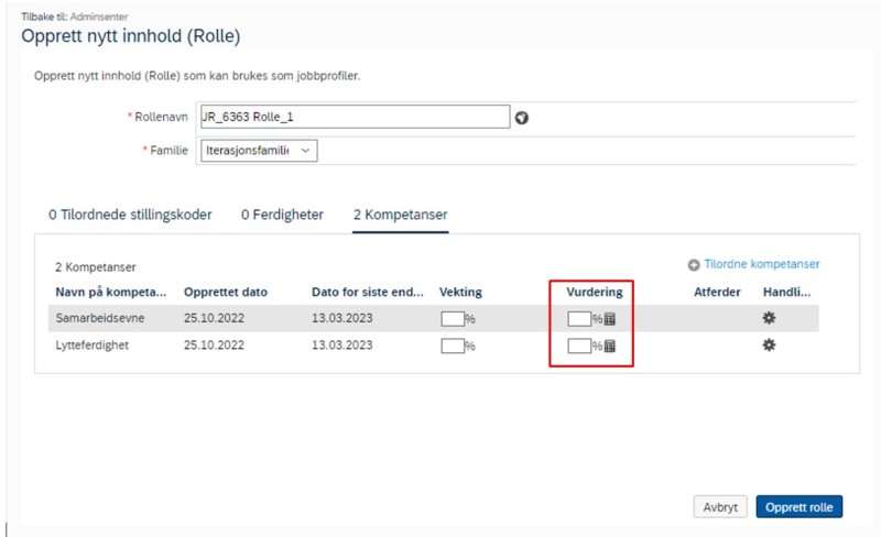Vekte kompetanser tilordnet en jobbrolle