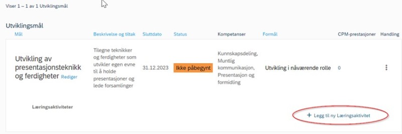 Legge til læringsaktivitet på utviklingsmål