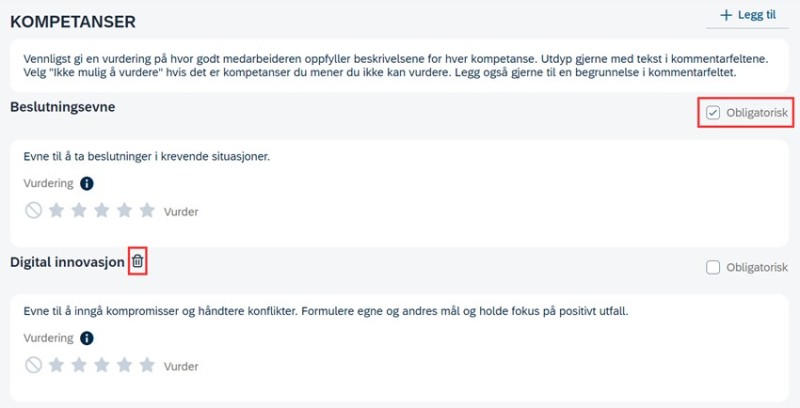 Sette en kompetanse som obligatorisk eller slette den