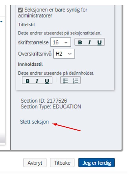 Slette seksjon i jobbprofilmalen