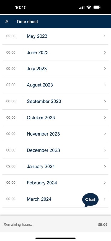 The image shows a monthly overview of the time sheet