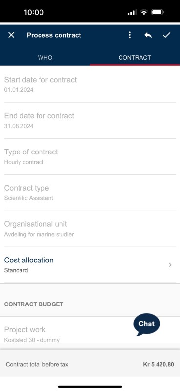 The image shows the contract tab