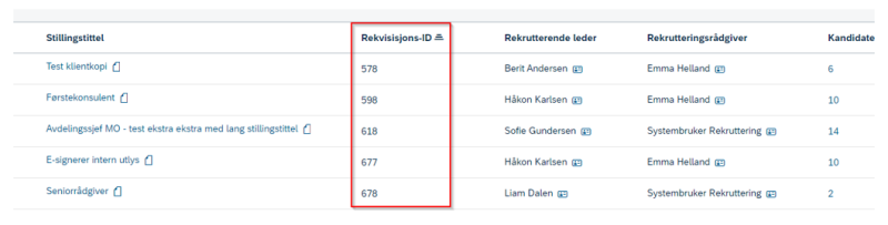 Bildet som viser oversikt over rekvisisjonsID.