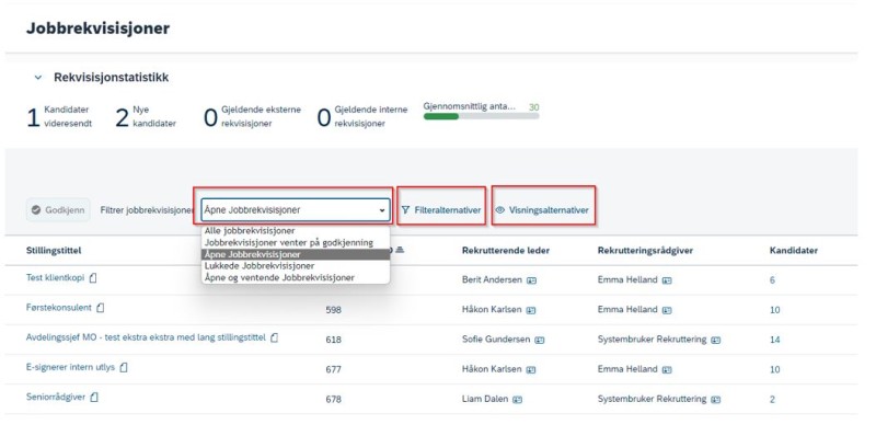 Bildet som viser filteroverikt på jobbrekvisisjoner. 