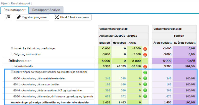 I dette bildet vises resultatrapporten for virksomhetsregnskapet med budsjett, regnskap og avvik. I tillegg er det med kolonner for årets budsjett og forbruk av årets budsjett. Regnskapslinjer for avskrivninger på varige driftsmidler og immaterielle eiendeler er utvidet slik at avskrivningskontoene vises på kontonivå. 