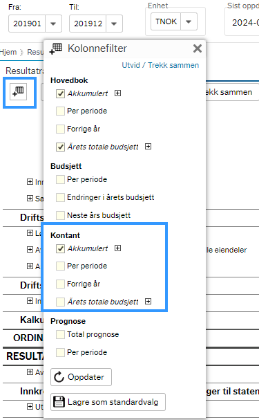I dette bildet vises kolonnefileter, og det fremkommer også hvor knappen ligger når du står i resultatrapporten. 